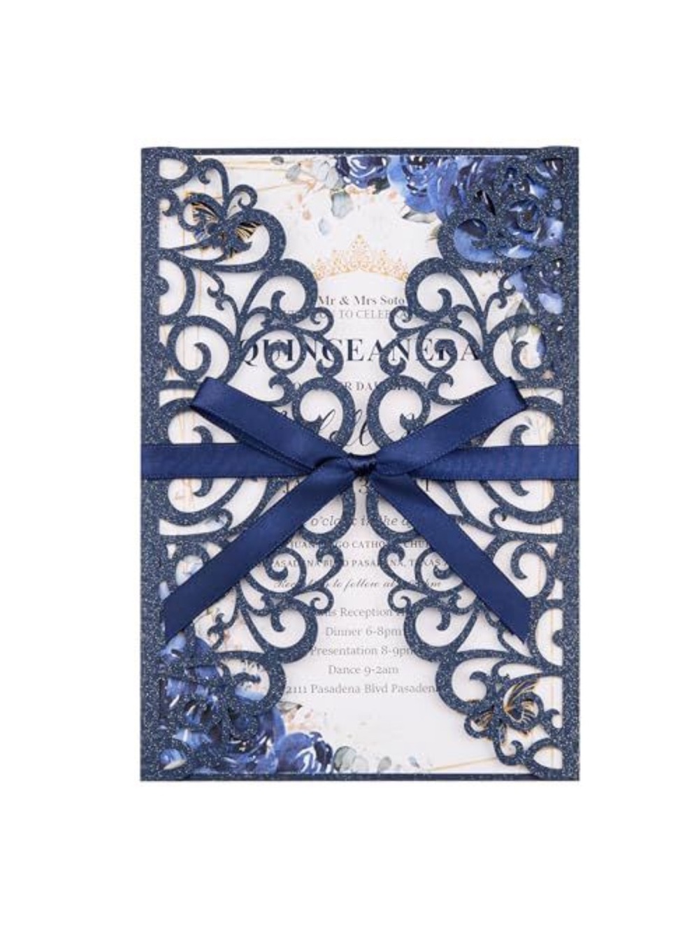 Mabbcoo 50 Piece Invitations Wedding Navy Laser Cut with Ribbon RSVP Card Blank